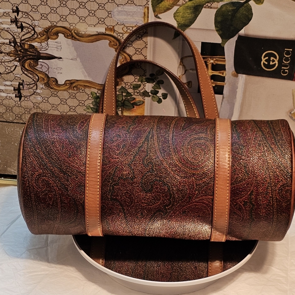 Etro Paisley Brown Embossed Leather Small Barrel Bag - Picture 2 of 16